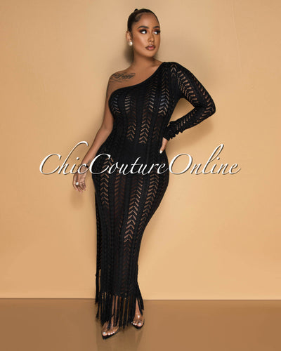 Hilda Black Crochet Single Shoulder Fringe Hem Maxi Dress