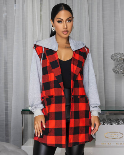 Adina Red Plaid Grey Accent Hoodie Blazer