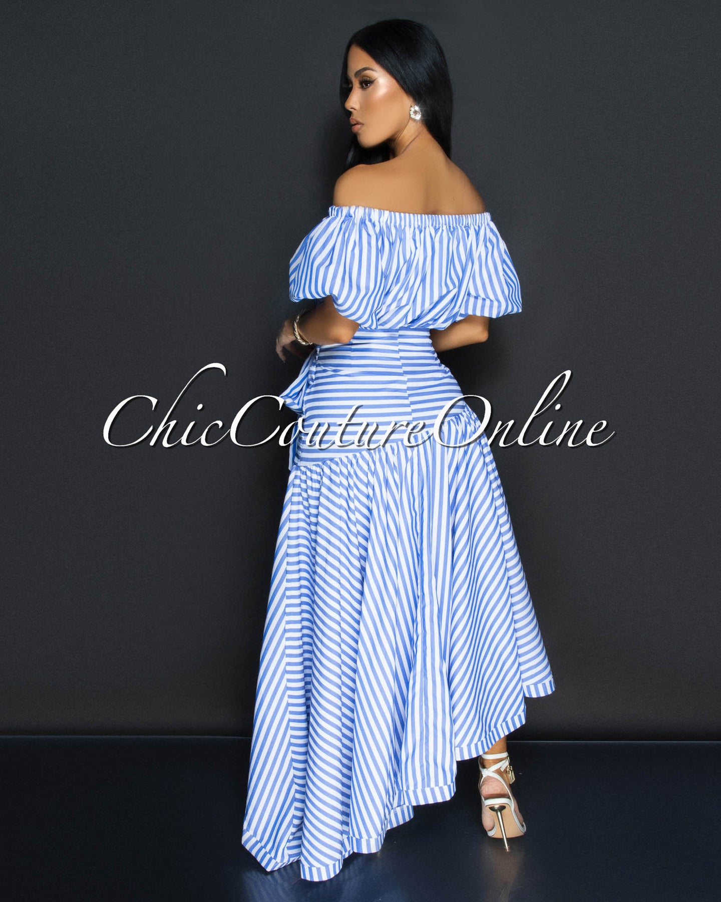 Othalia Blue White Stripes Off-The-Shoulder Maxi Dress