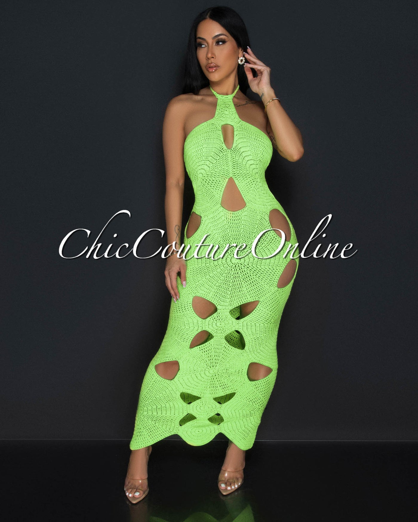 Isadore Neon Green Crochet Cut-Out Halter Midi Dress