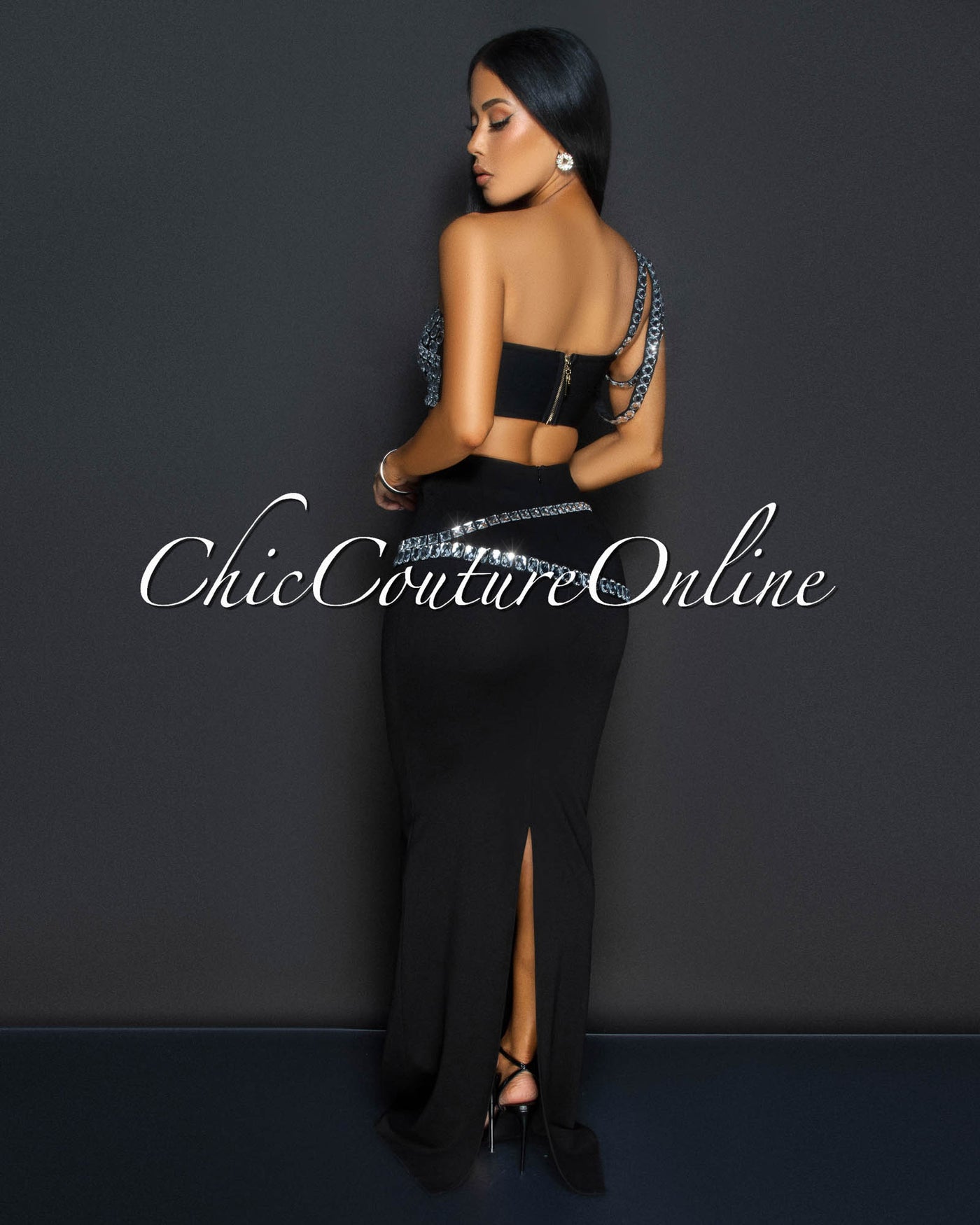 Orzola Black Rhinestones Crop Top & Maxi Skirt Set