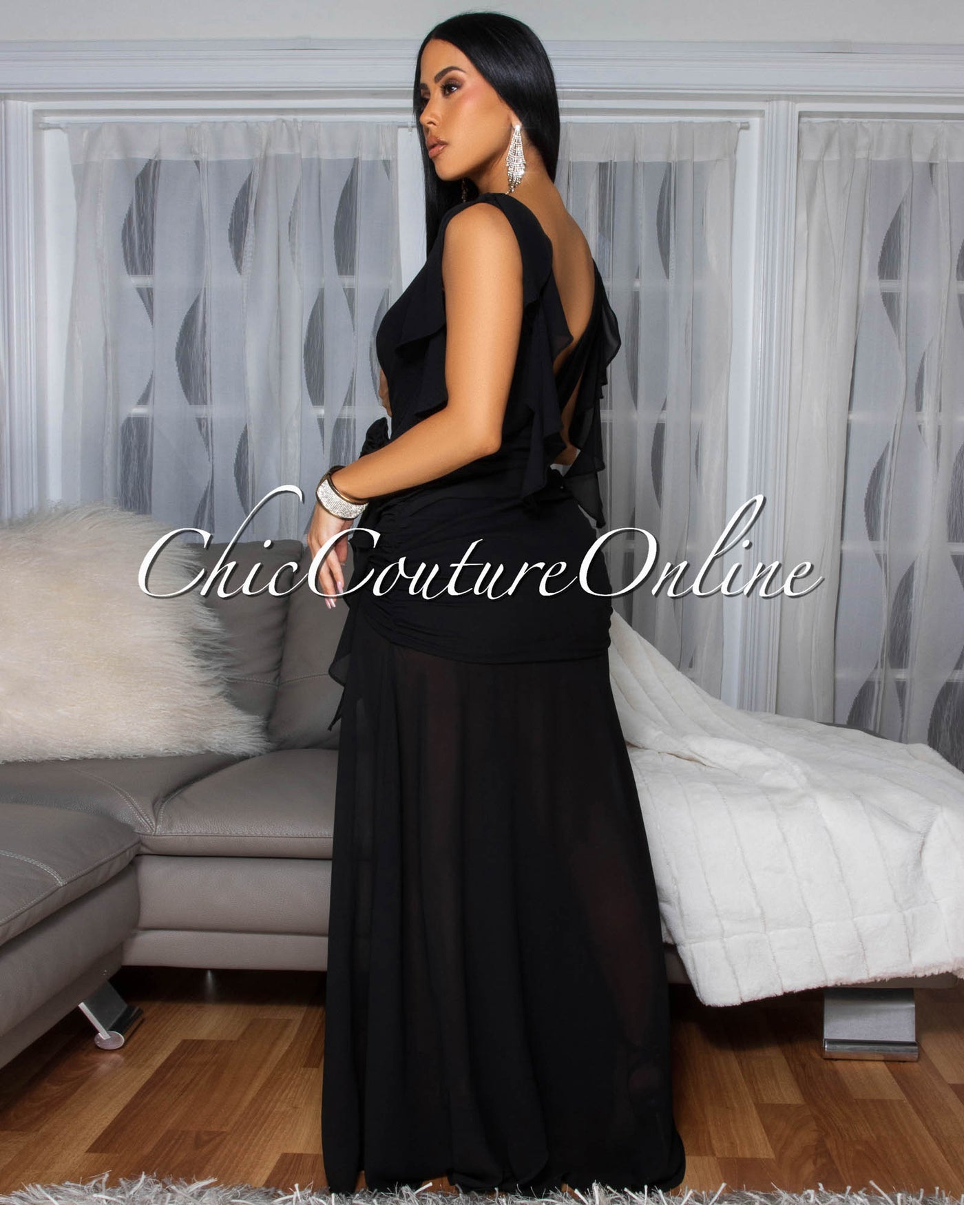 Abianka Black Ruffle Slit Maxi Dress