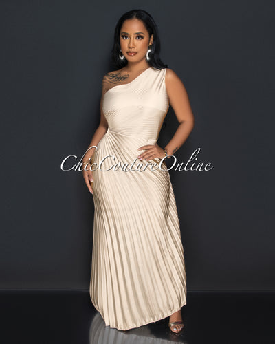 Genevieve Champagne Pleated Single Shoulder Silky Maxi Dress