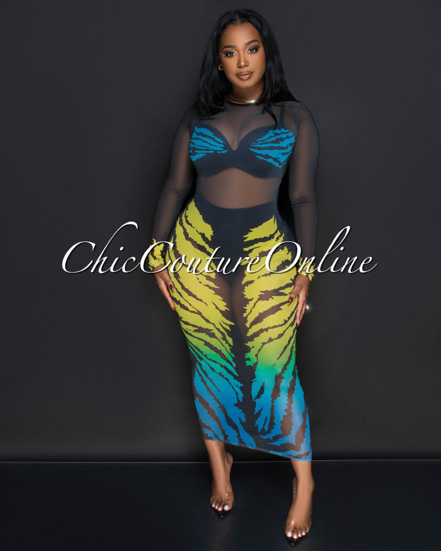 *Kenja Black Multi Color Mesh Long Sleeves Maxi Dress