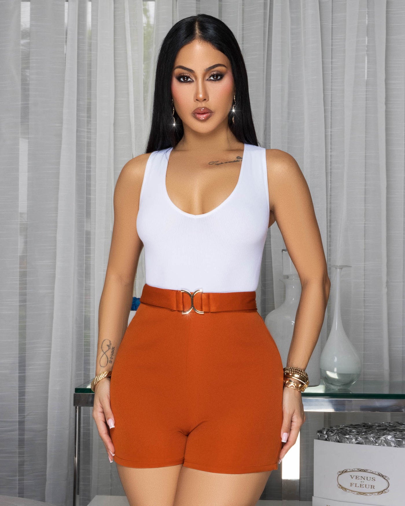 Tavira Rust Orange Gold Buckle Shorts