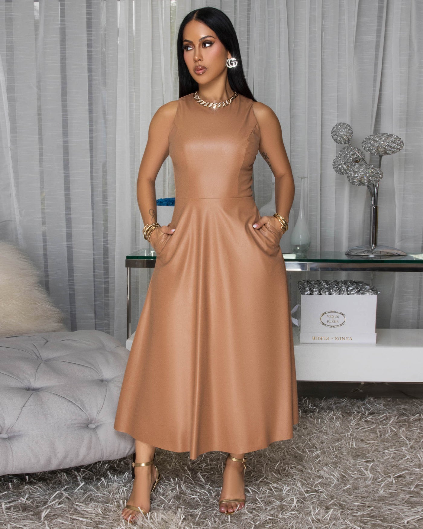 Rhoe Camel Faux Leather Midi Dress