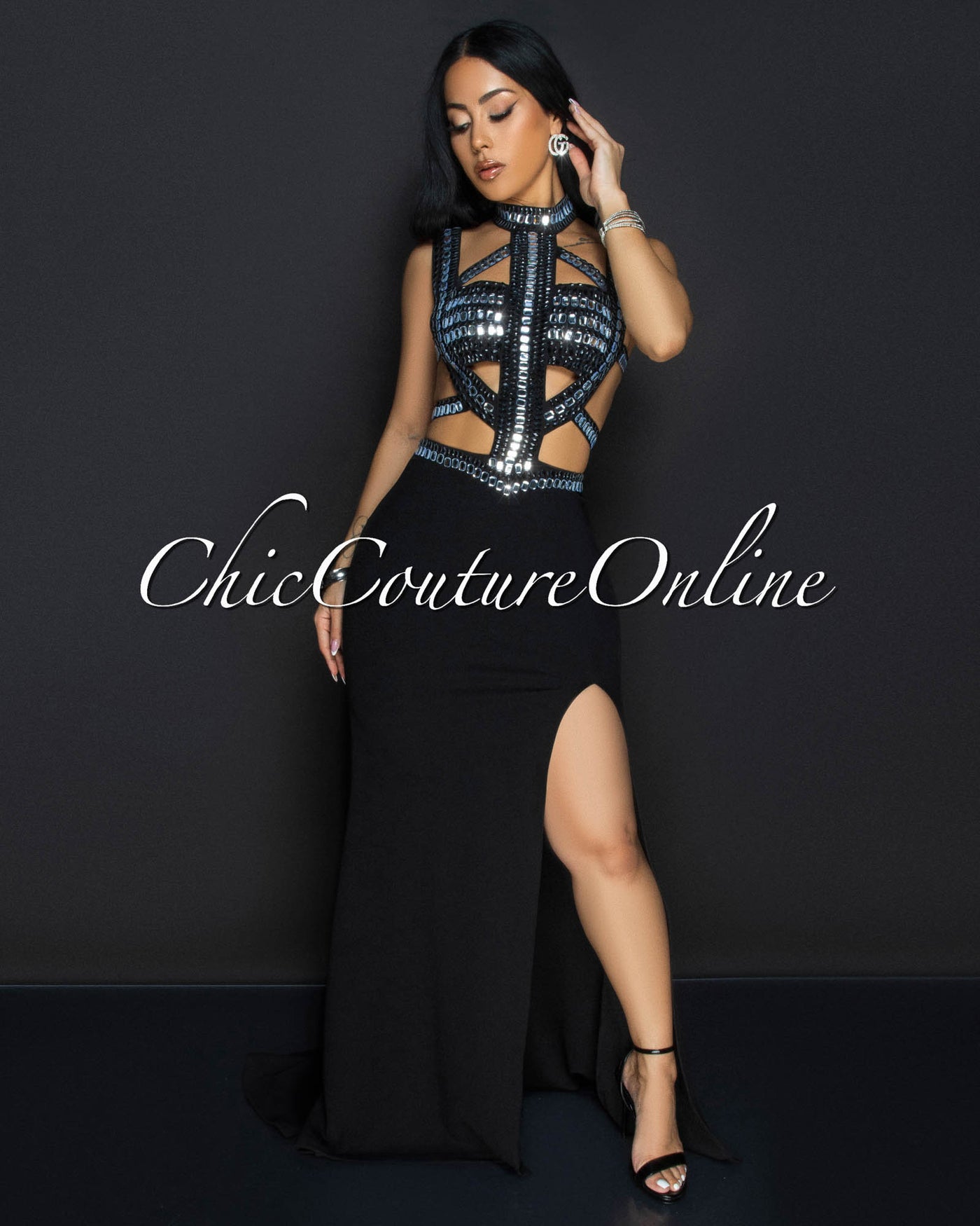 Romea Black Rhinestones Cut Out Maxi Dress