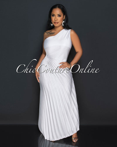 Genevieve Off-White Pleated Single Shoulder Silky Maxi Dress