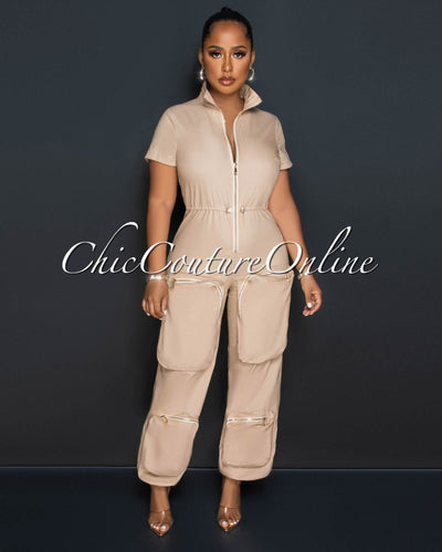 Morcan Nude Cargo Pockets Jogger Jumpsuit