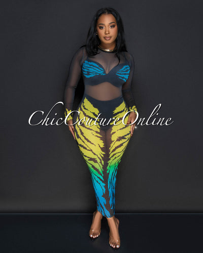 Kenja Black Multi Color Mesh Long Sleeves Maxi Dress