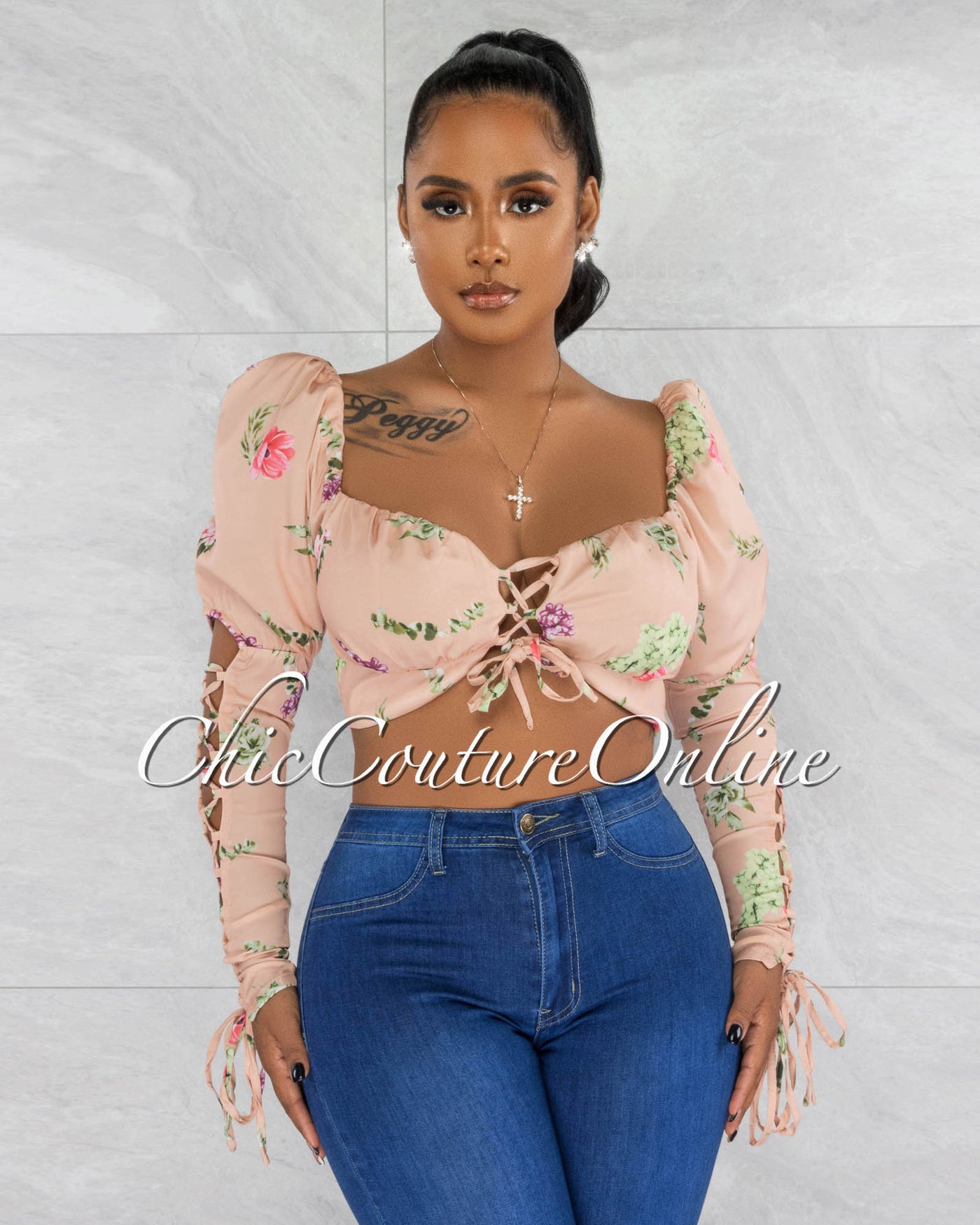 *Saul Peach Floral Pring Lace-Up Long Sleeves Crop Top