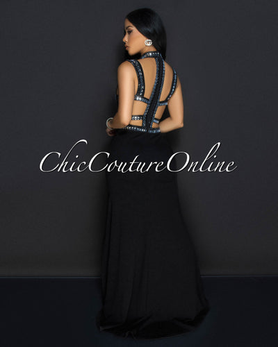 Romea Black Rhinestones Cut Out Maxi Dress