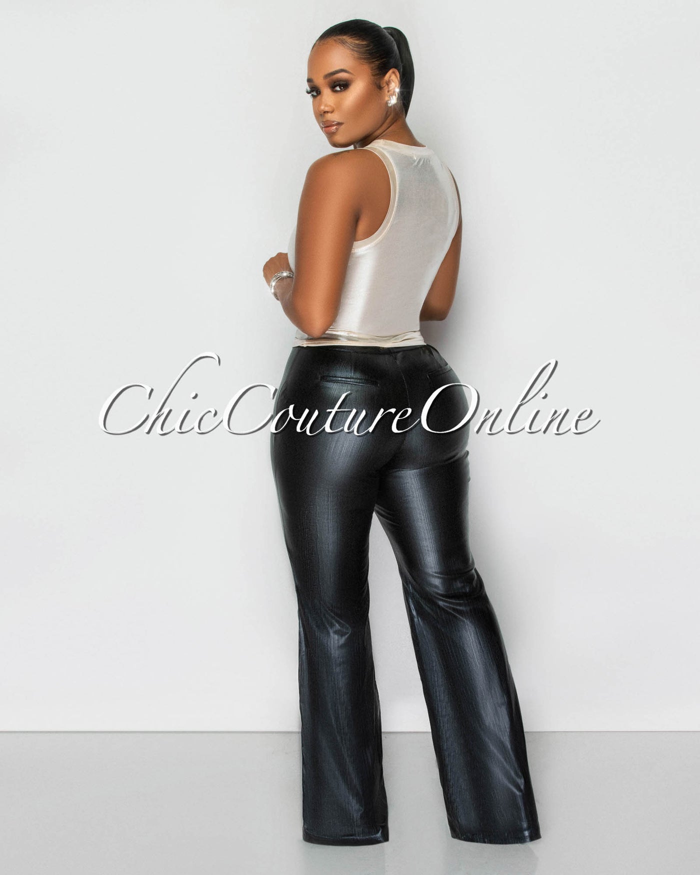 Shanie Black Shimmer Vegan Leather Pants