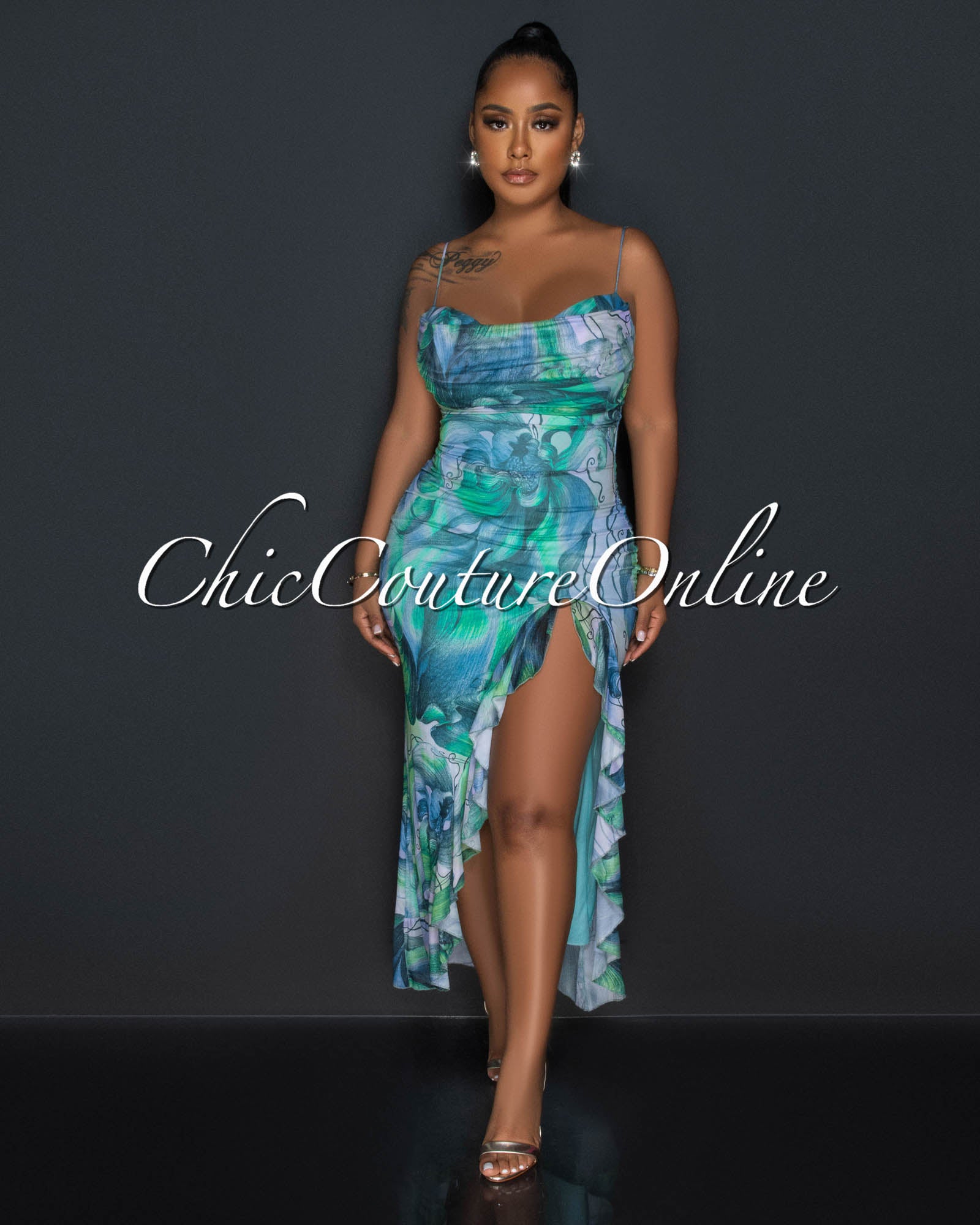 Katalia Green Floral Print Hi-Lo Ruffle Hem Maxi Dress