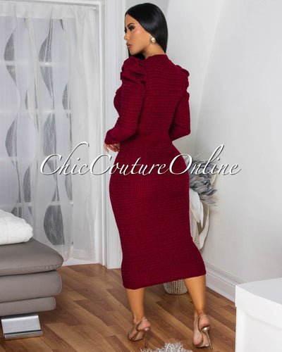 Novia Burgundy Gold Shimmer Knit Midi Dress