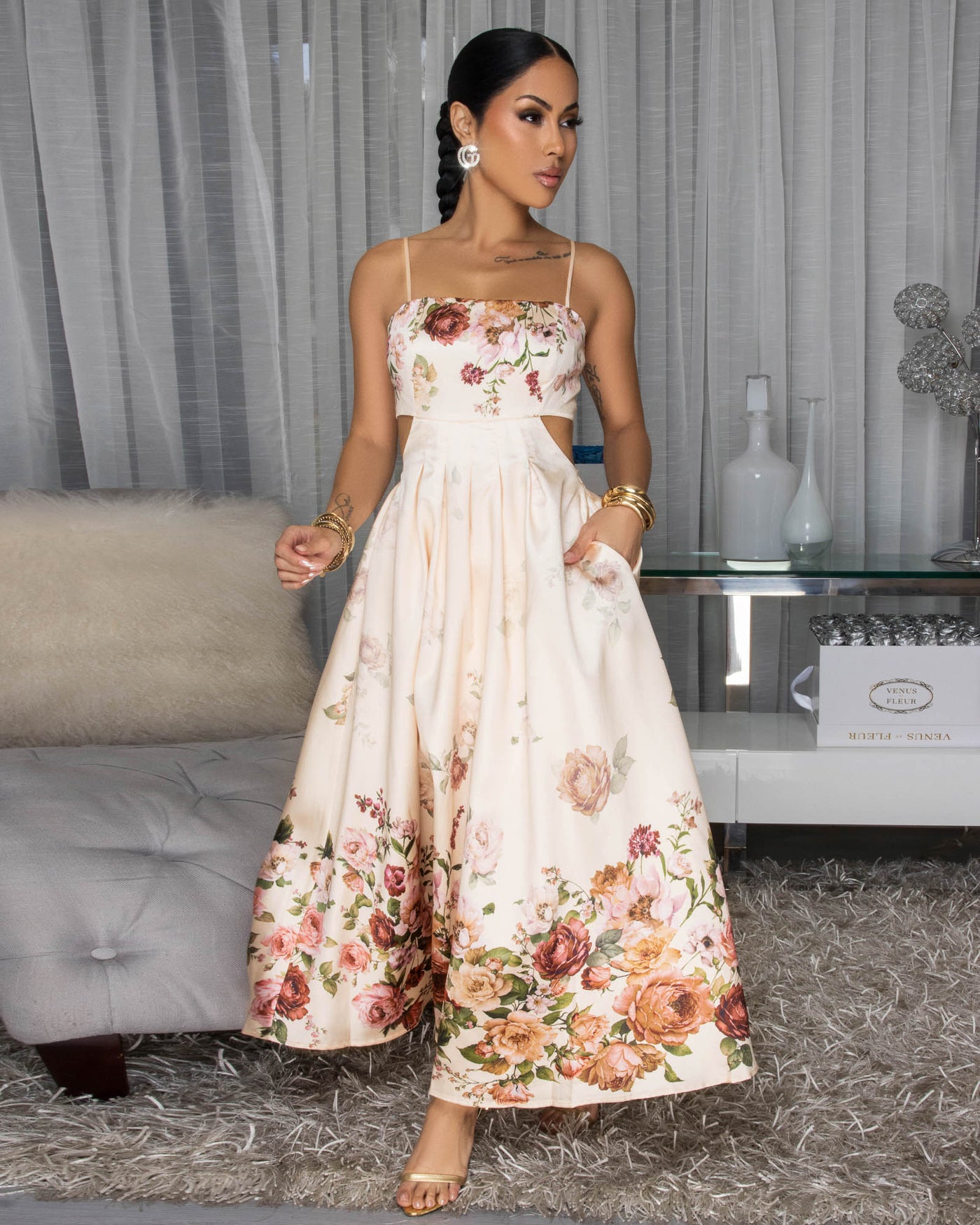 Kiraz Cream Multi-Color Floral Print Maxi Dress