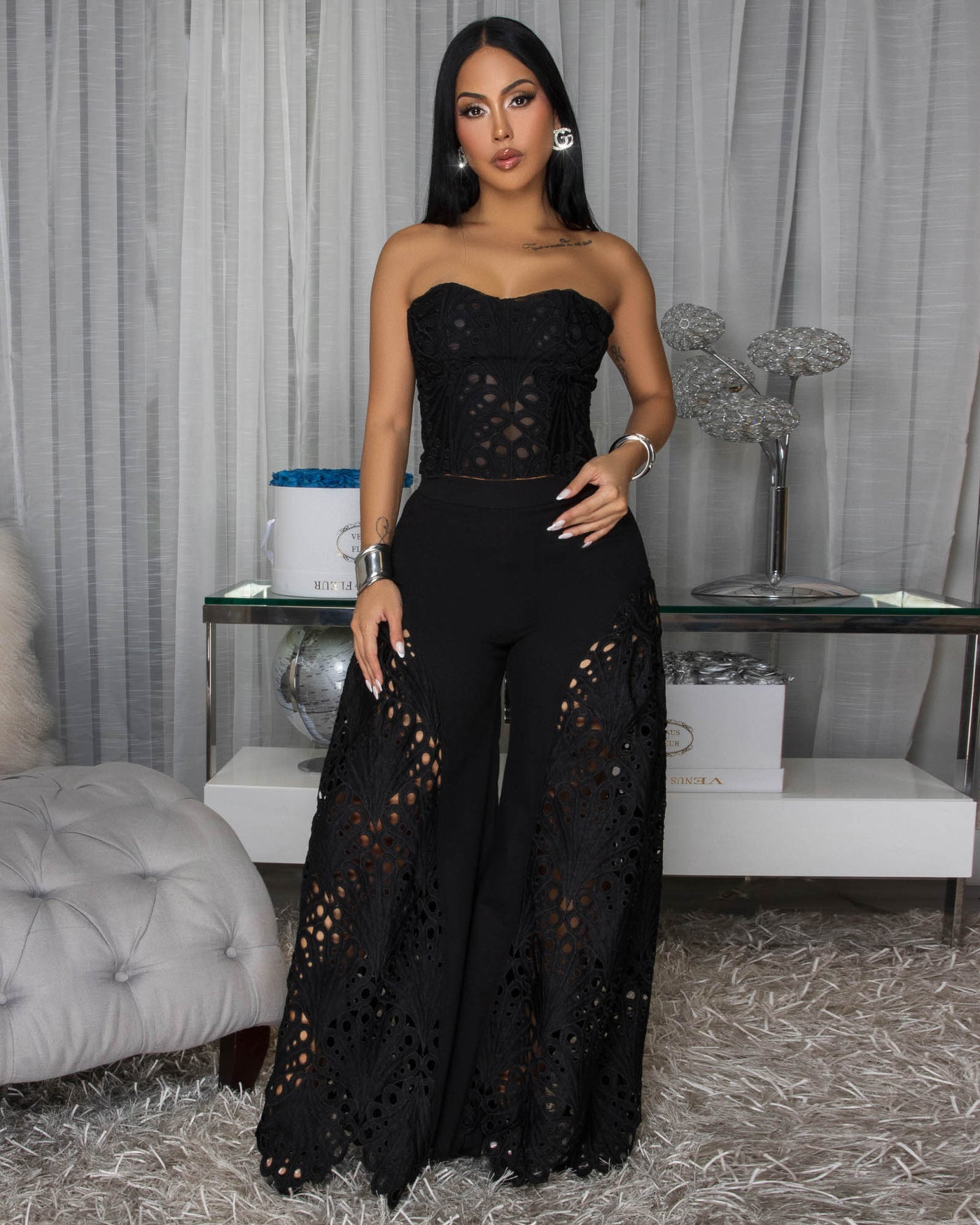 Isabel Black Corset Crochet Top Two Piece Pants Set