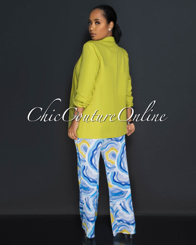 Drya Blue Yellow Print Crop Top & Wide Leg Pants Silky Set