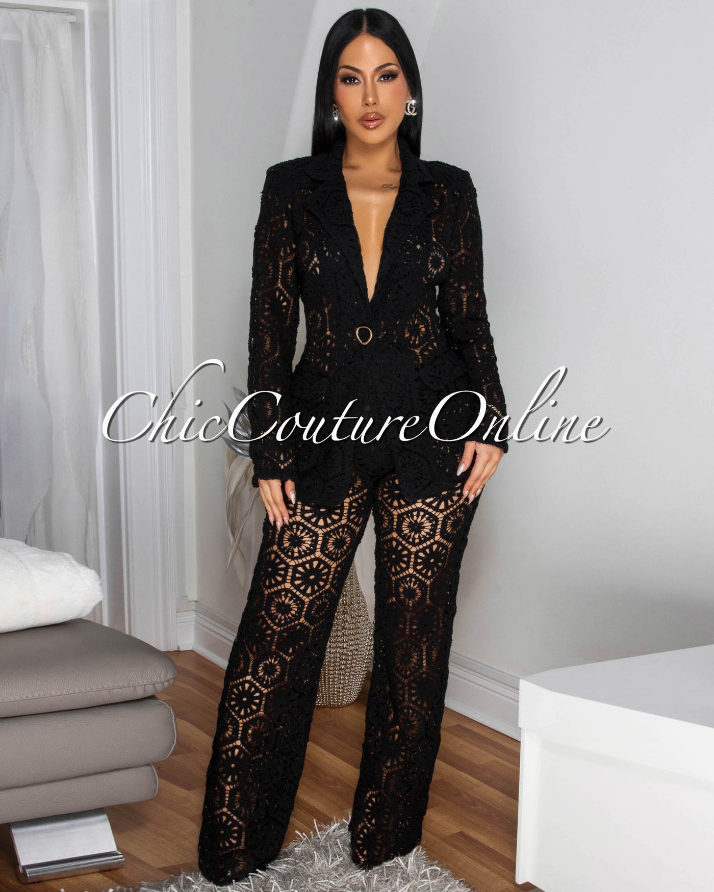 Kanis Black Crochet Blazer Pants Suit (SHIPS 2/8)