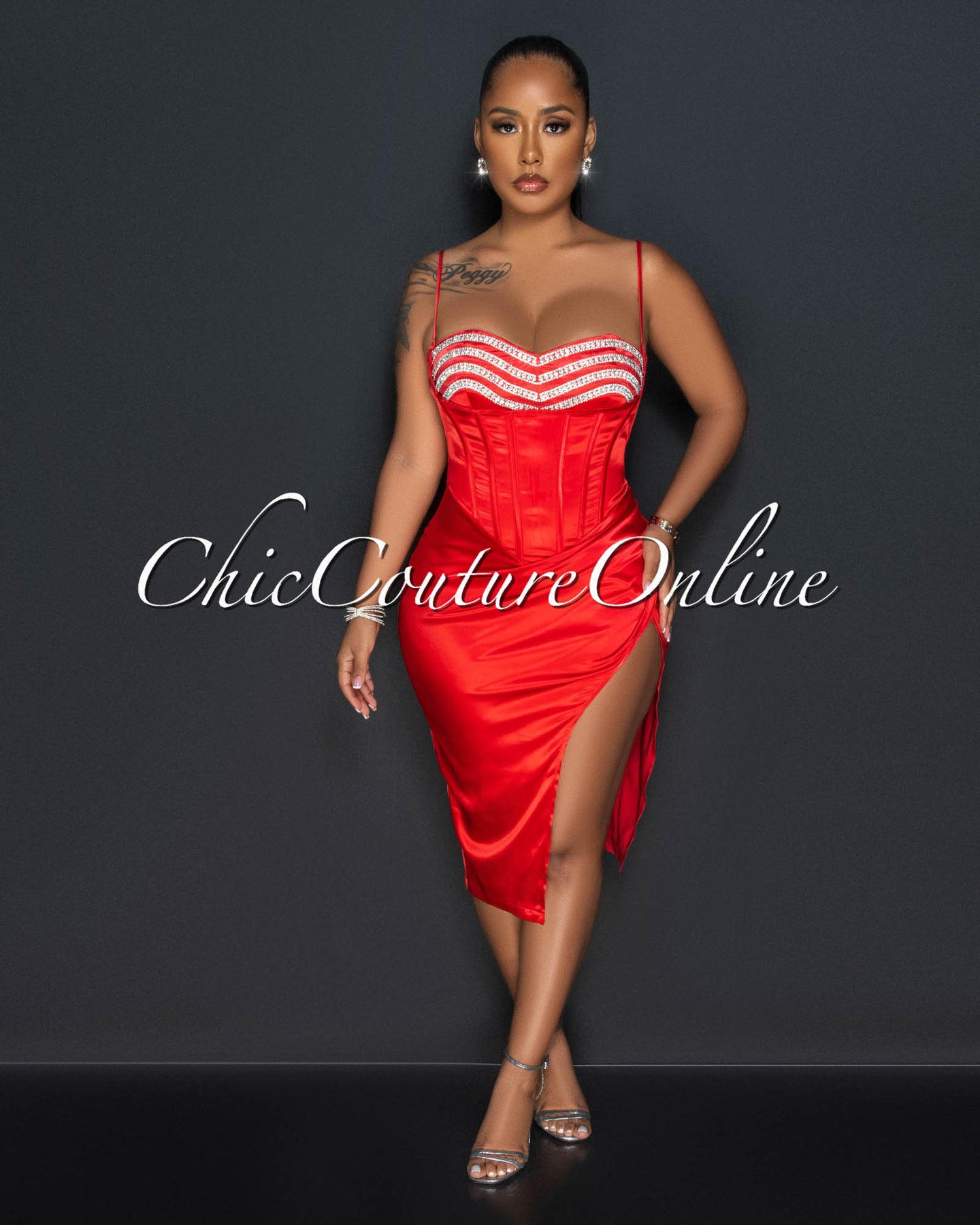 *Harrigan Red Rhinestones Bust Drape Silky Dress