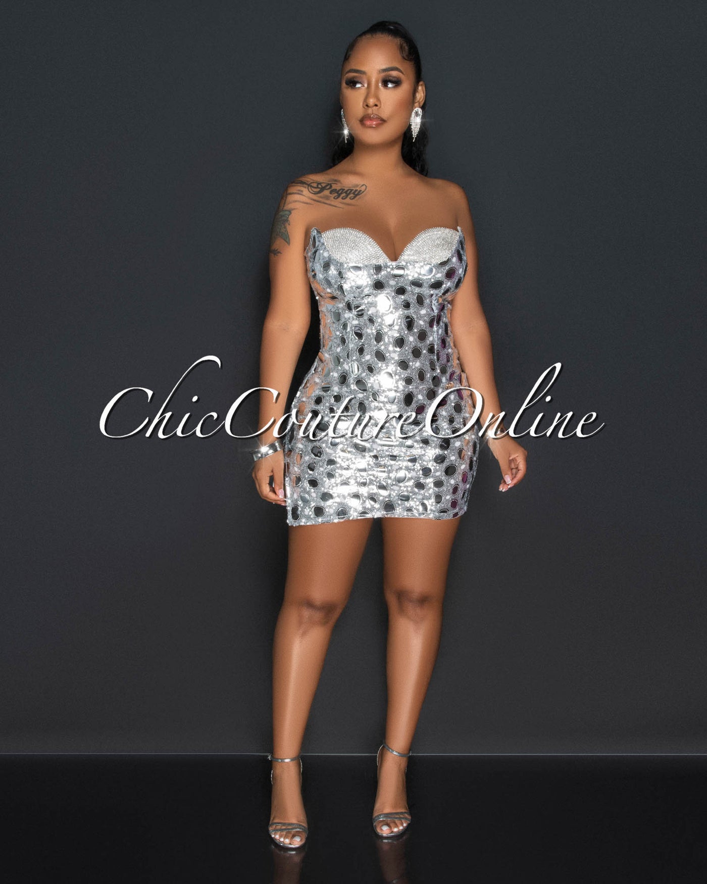 Esvett Silver Sequins Rhinestones Bust Mini Dress