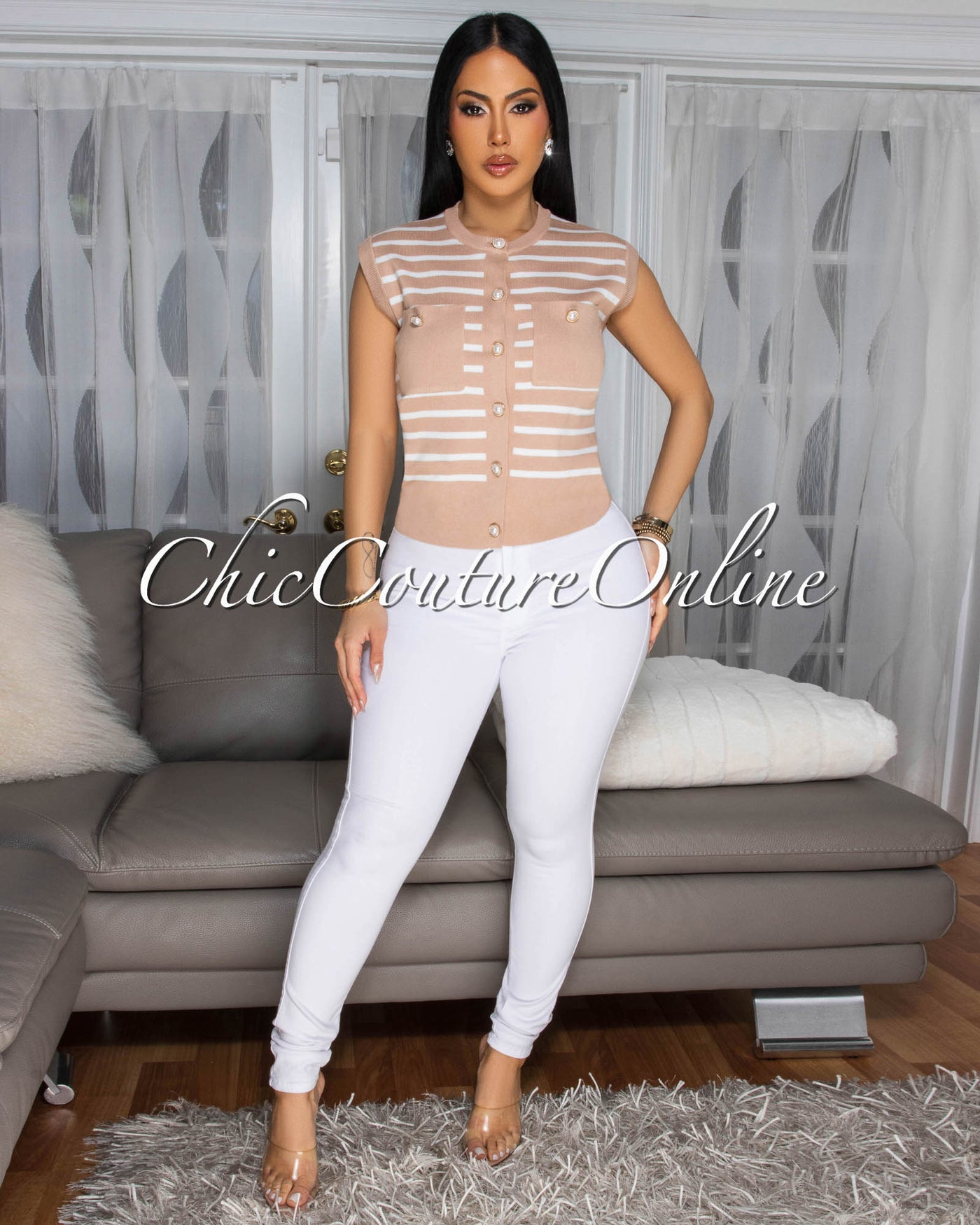 Rousseau Nude White Stripes Knit Top