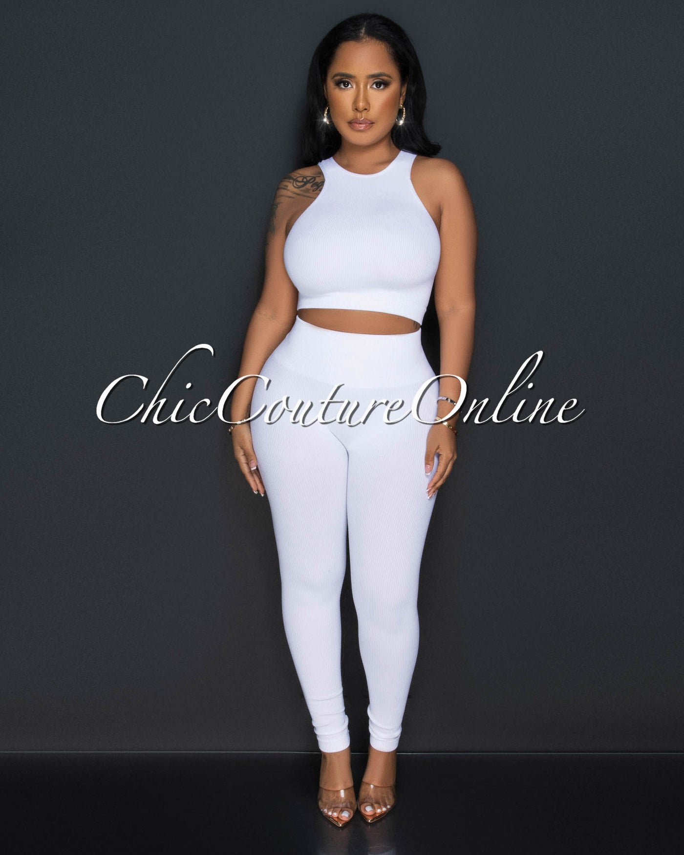 Cindy White Racer Crop Top & Leggings Sculpting Set