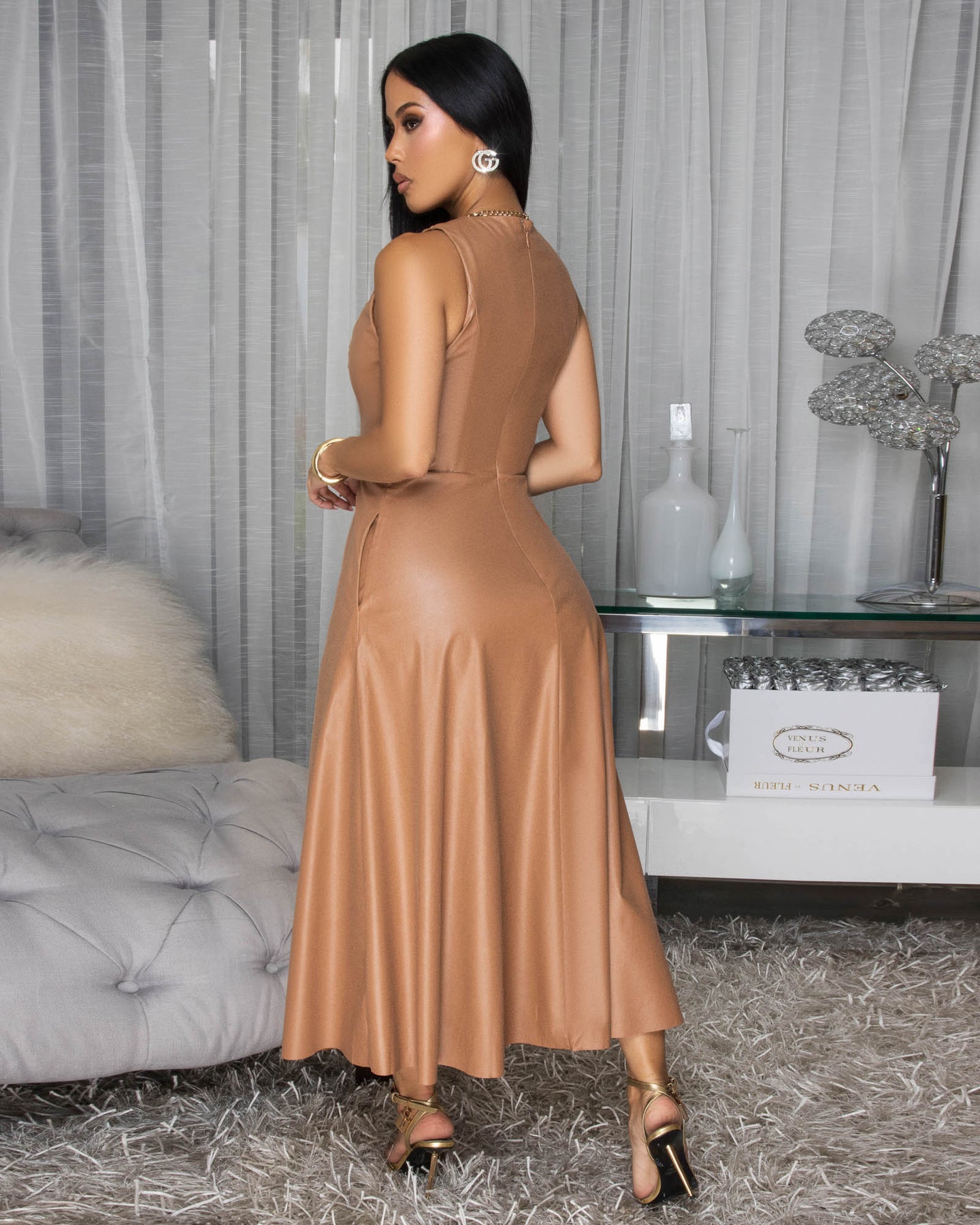 Rhoe Camel Faux Leather Midi Dress