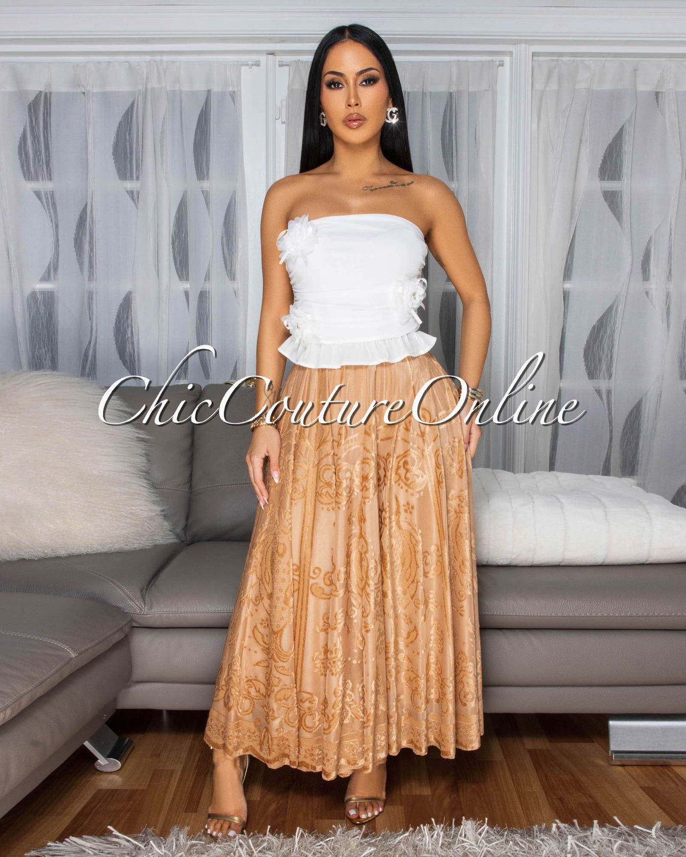 Countess Nude Lace A-Line Midi Skirt