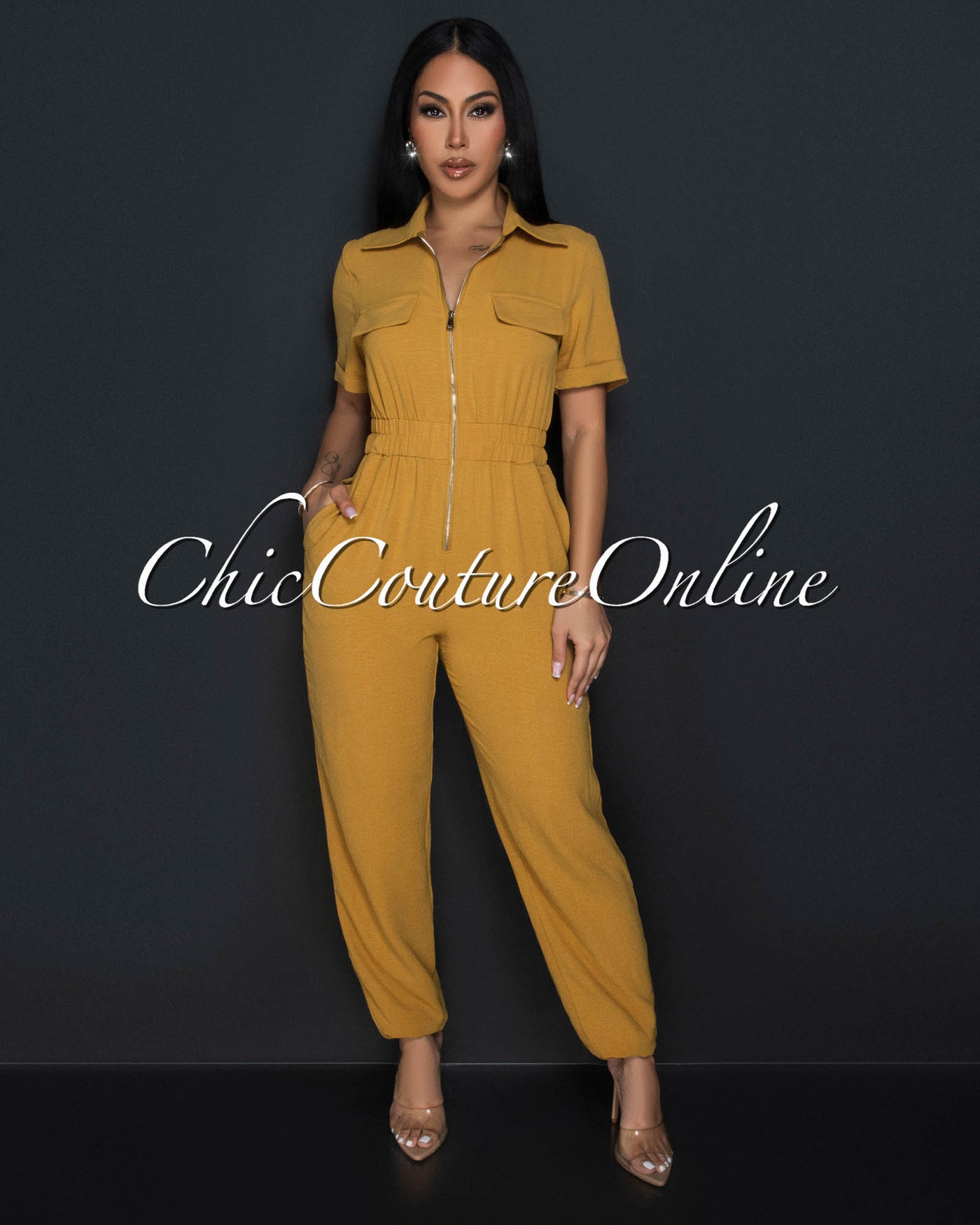 Sumi Mustard Utility Cargo Jumpsuit