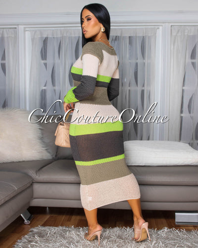 Benjy Lime Green Multi-Color Stripes Sweater Dress