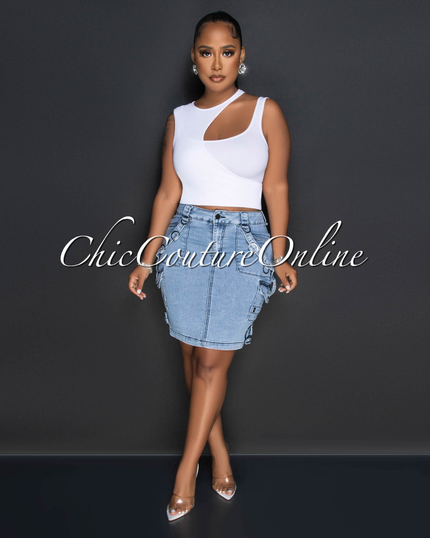 Javal Light Denim Cargo Midi Skirt