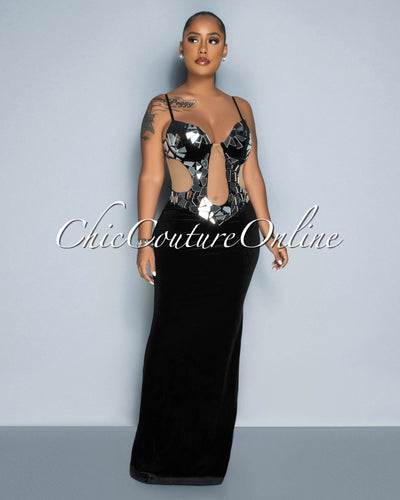 Marcelle Black Silver Mirrors Accent Bust Velvet Maxi Dress