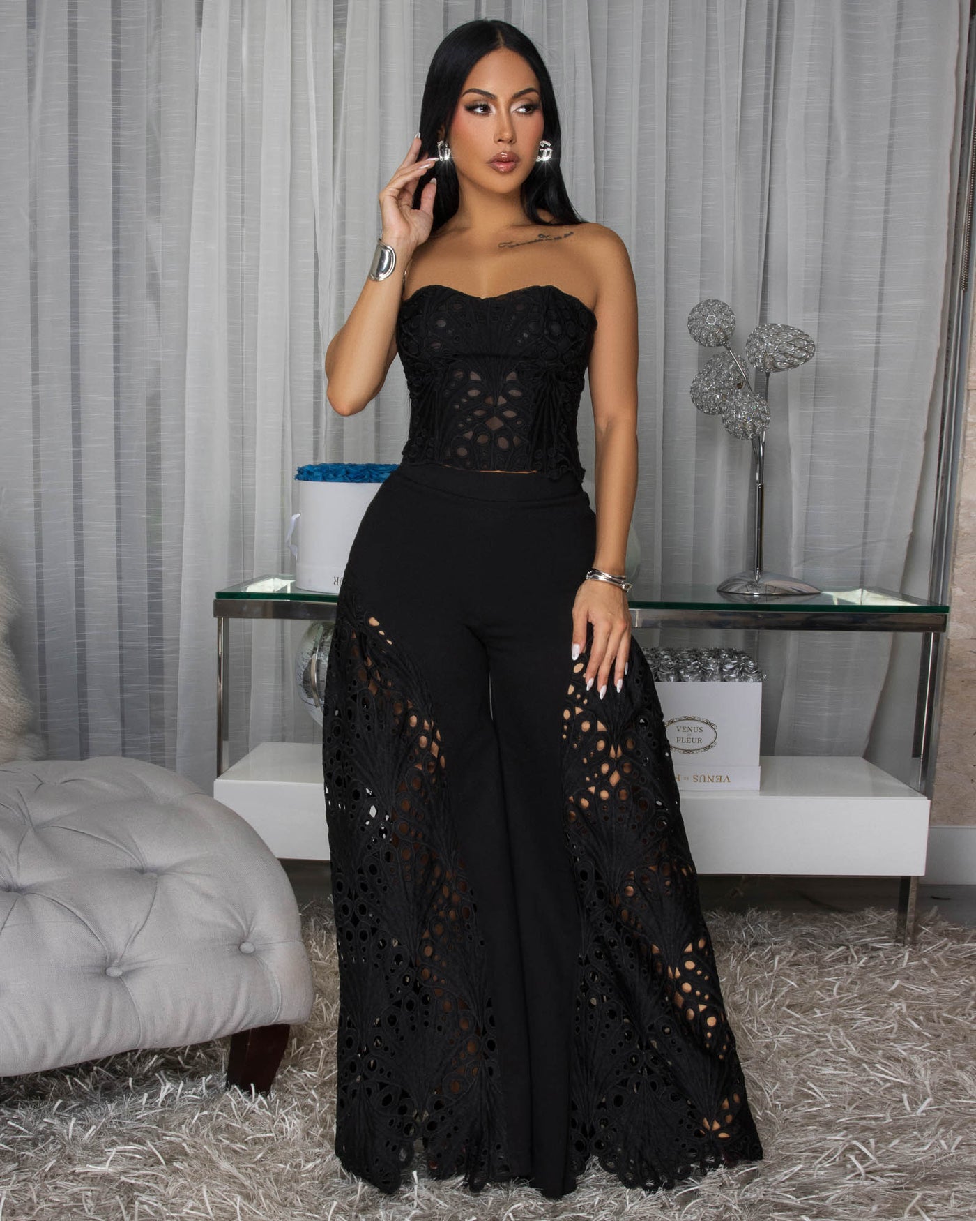 Isabel Black Corset Crochet Top Two Piece Pants Set