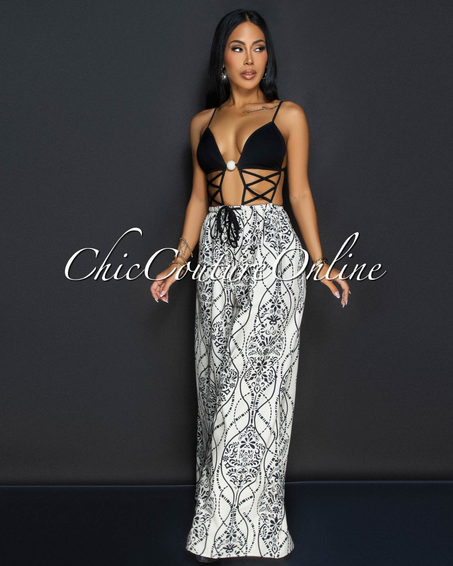 *Ily Black Beige Cut Out Top Wide legs Jumpsuit Set