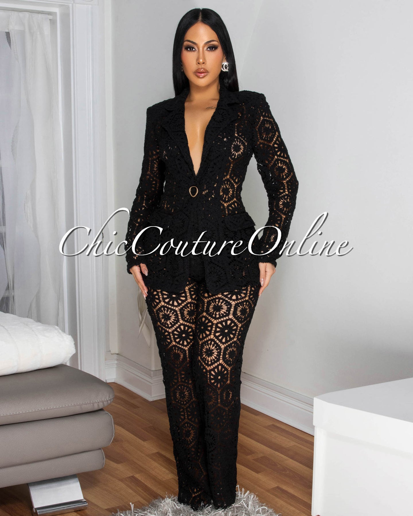 Kanis Black Crochet Blazer Pants Suit