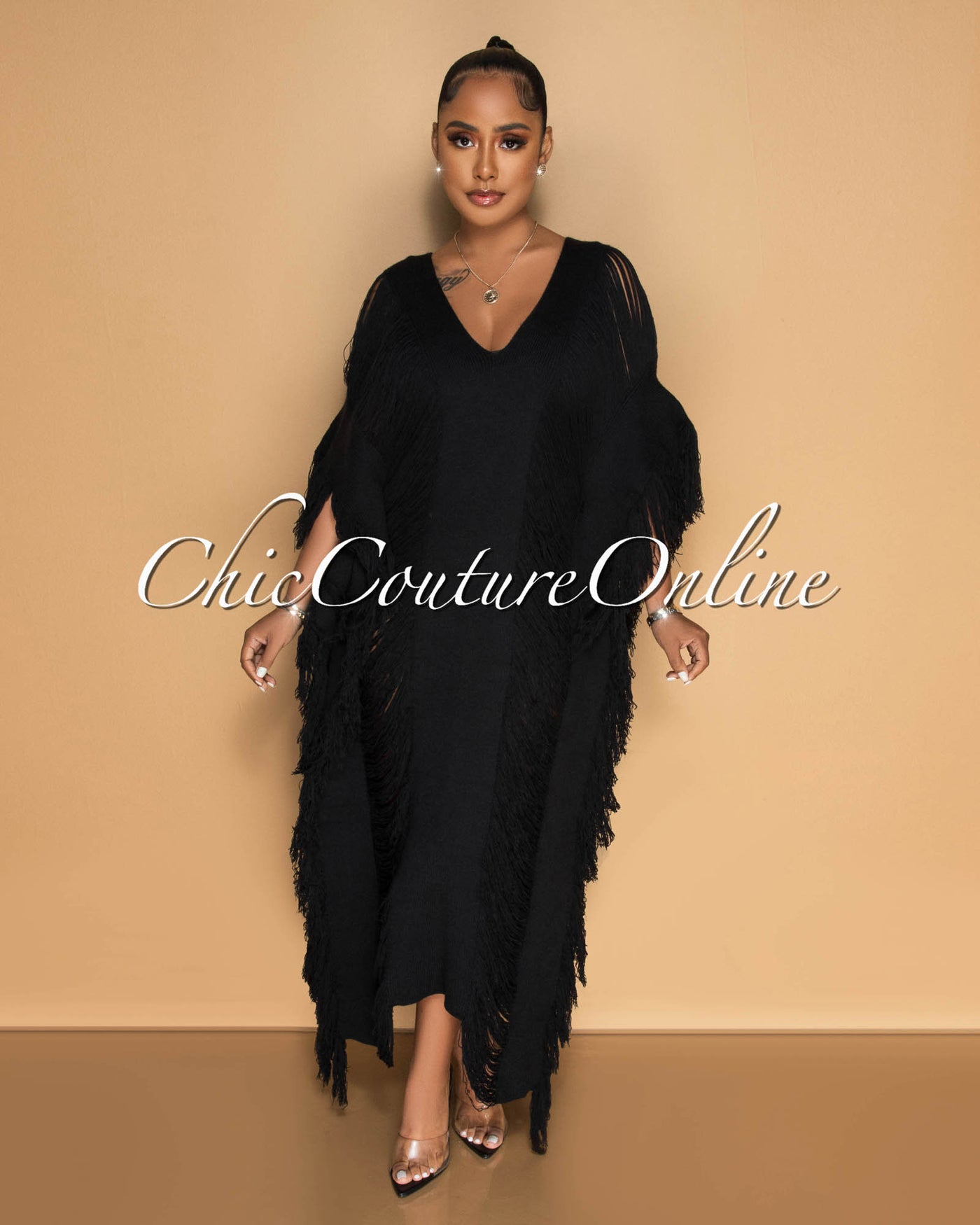 *Dominic Black Crochet Tassels Cover-Up Maxi Dress