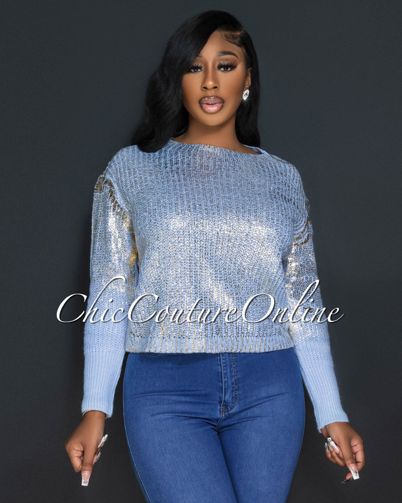 *Angela Baby Blue Gold Foil Cable Knit Sweater