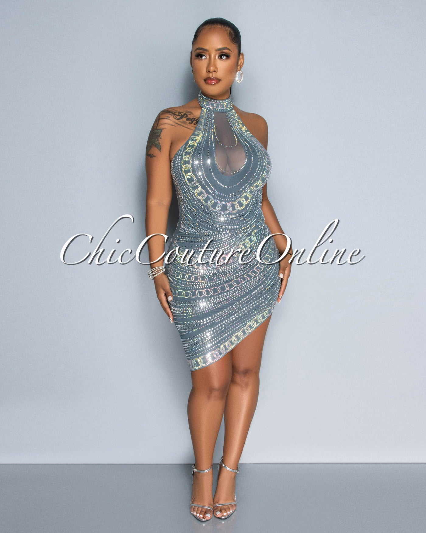 Emira Grey Rhinestones Halter Asymmetrical Hem Dress