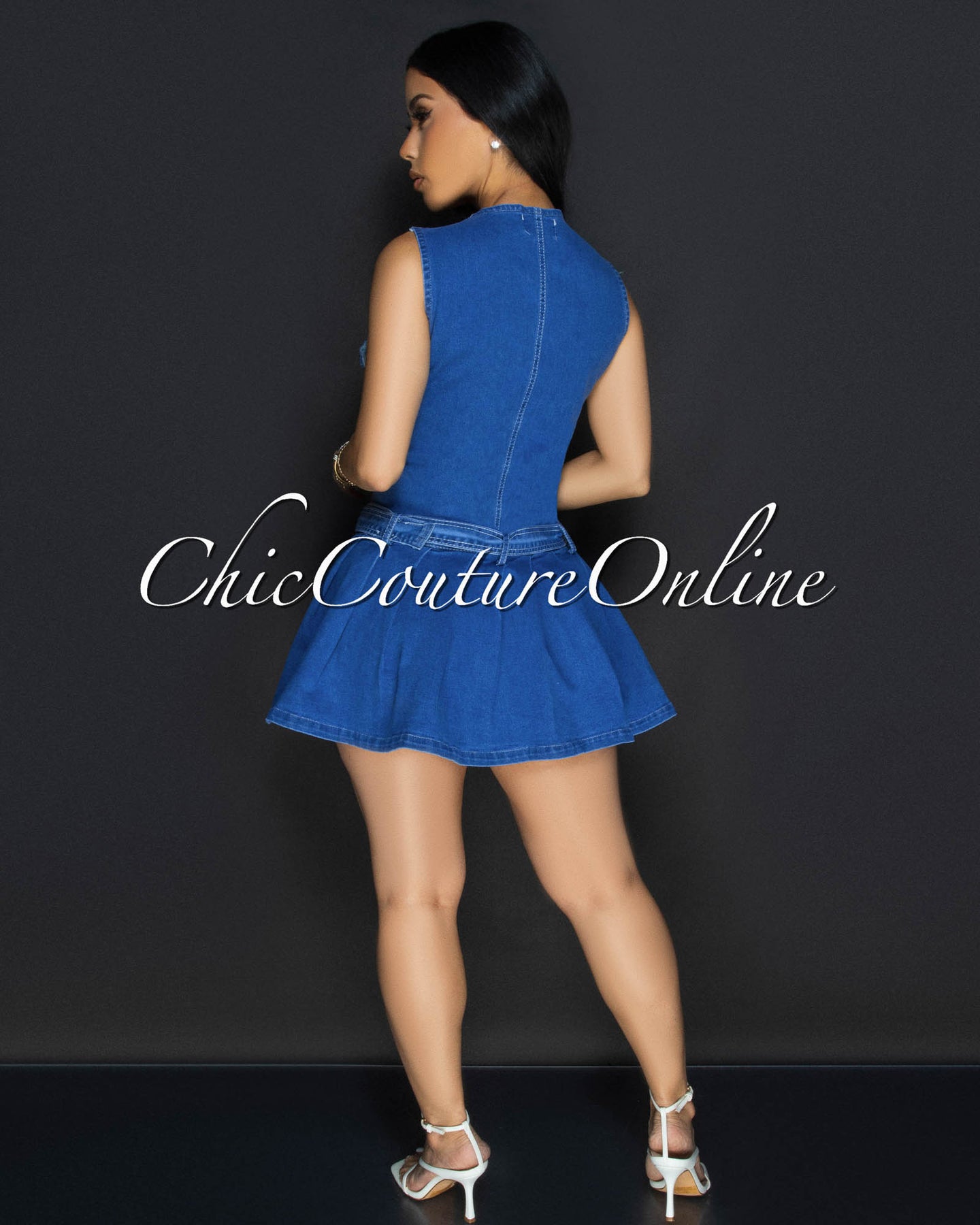 *Ramia Blue Denim Belted Pleated Dress