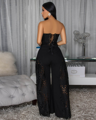 Isabel Black Corset Crochet Top Two Piece Pants Set
