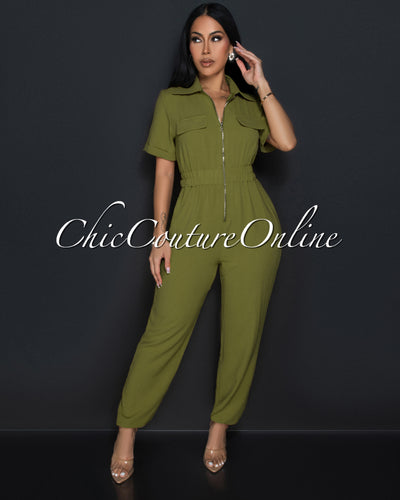 Sumi Olive Green Utility Cargo Jumpsuit