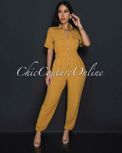 Sumi Mustard Utility Cargo Jumpsuit