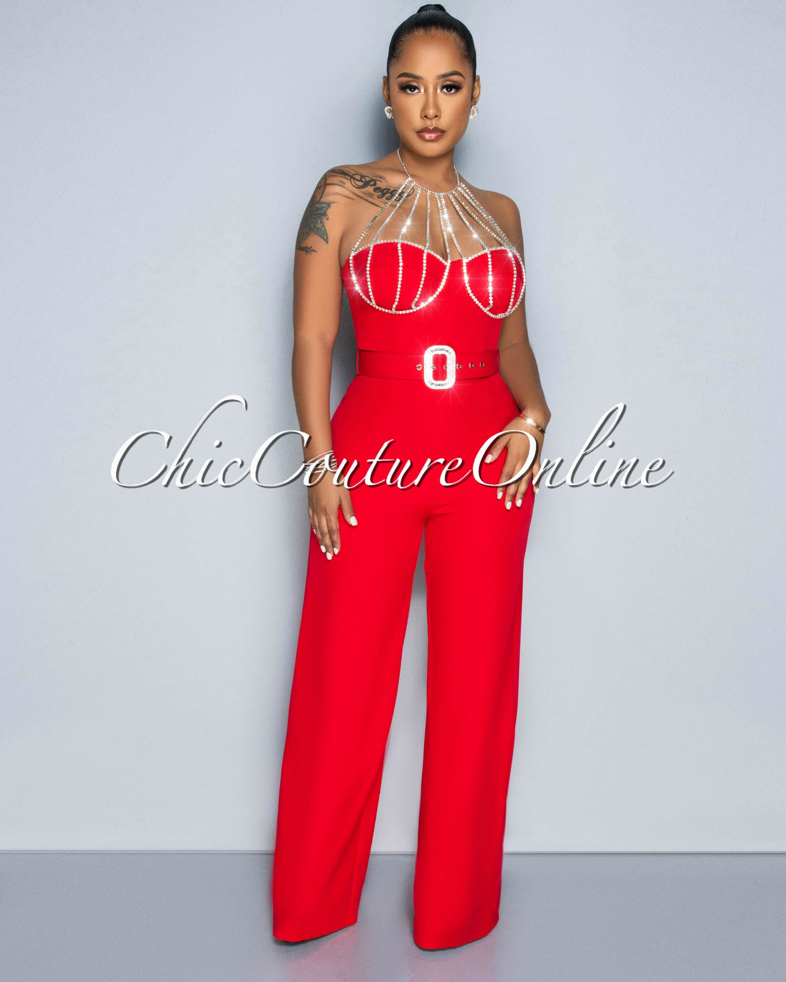 *Paula Red Rhinestones Neckline Silver Buckle Belt Jumpsuit