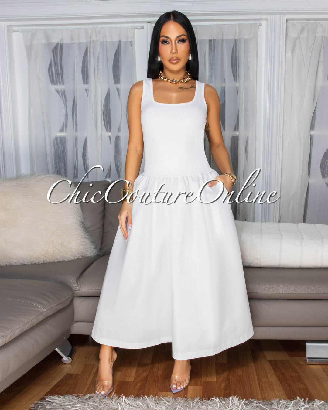 knee length dresses for ladies Elegant off-white lace midi dress – Bohemian chic summer style – Misciano main image 0