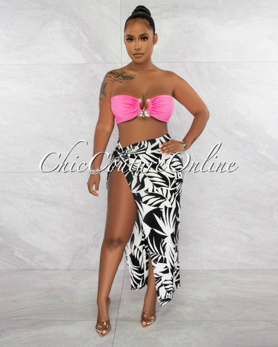 *Borina Hot Pink Gold Accent Top & Black & White Slit Skirt Set