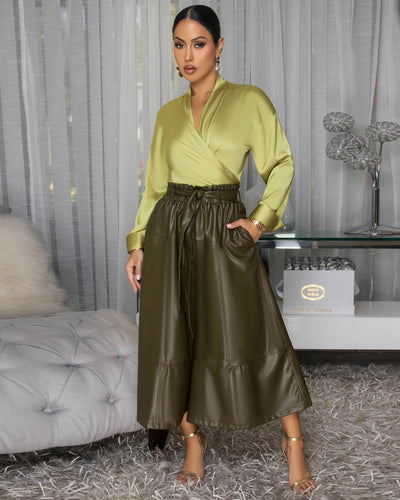 Prema Olive Green Faux Leather Paper Bag Shorts