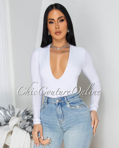 Nilam White Depp V Neck Long Sleeves Bodysuit