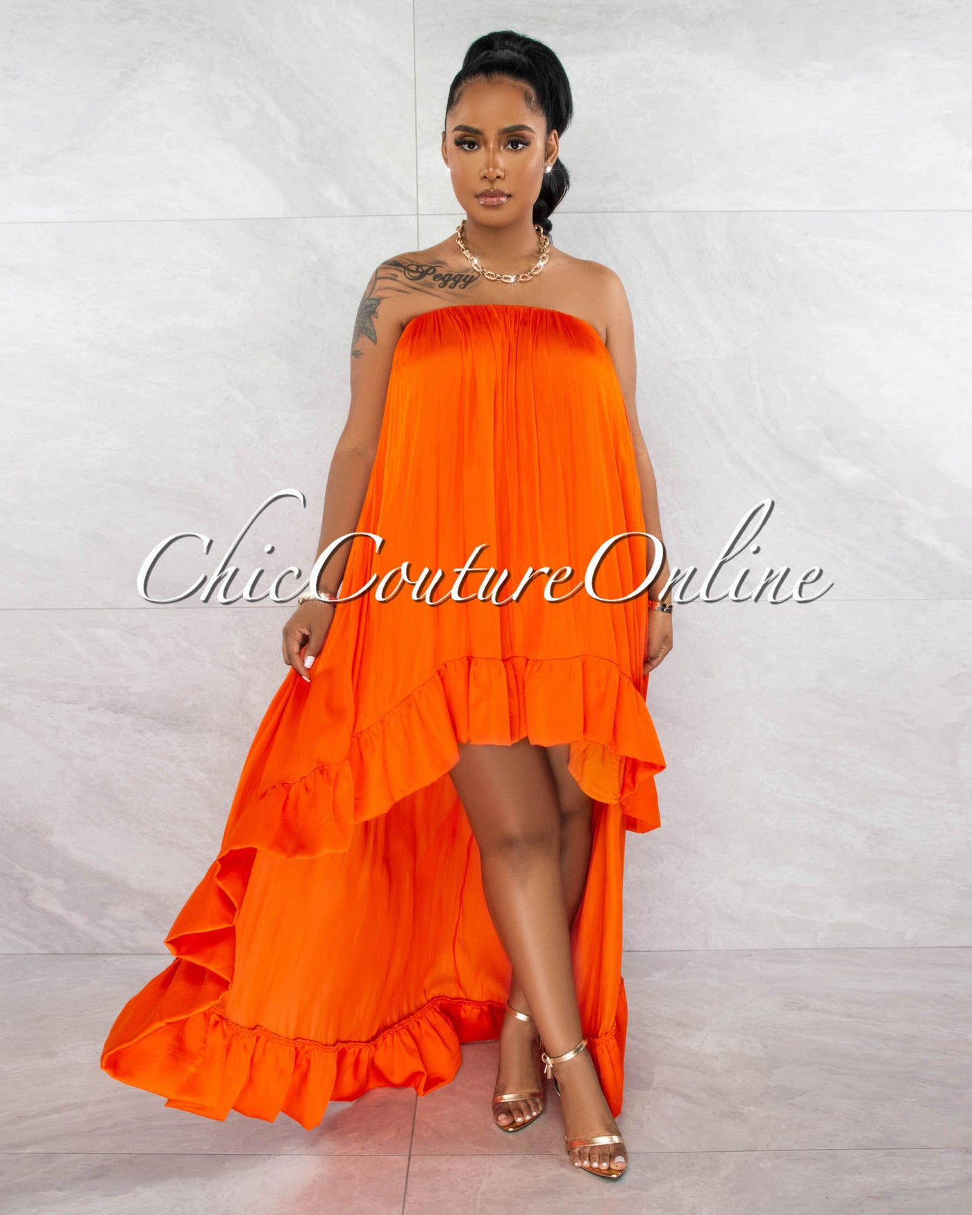 Lornie Orange Hi-Low Ruffle Hem Silky Maxi Dress
