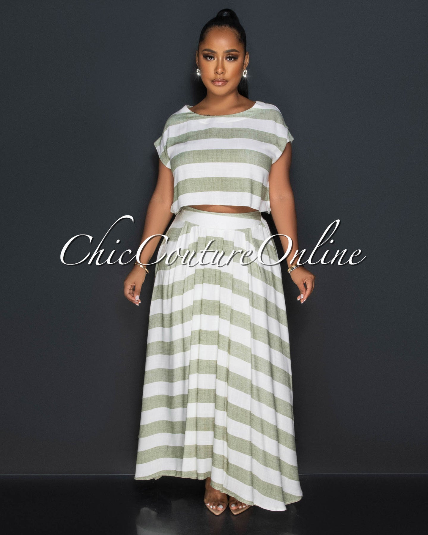 Fern Green Stripes Crop Top & Maxi Skirt Set